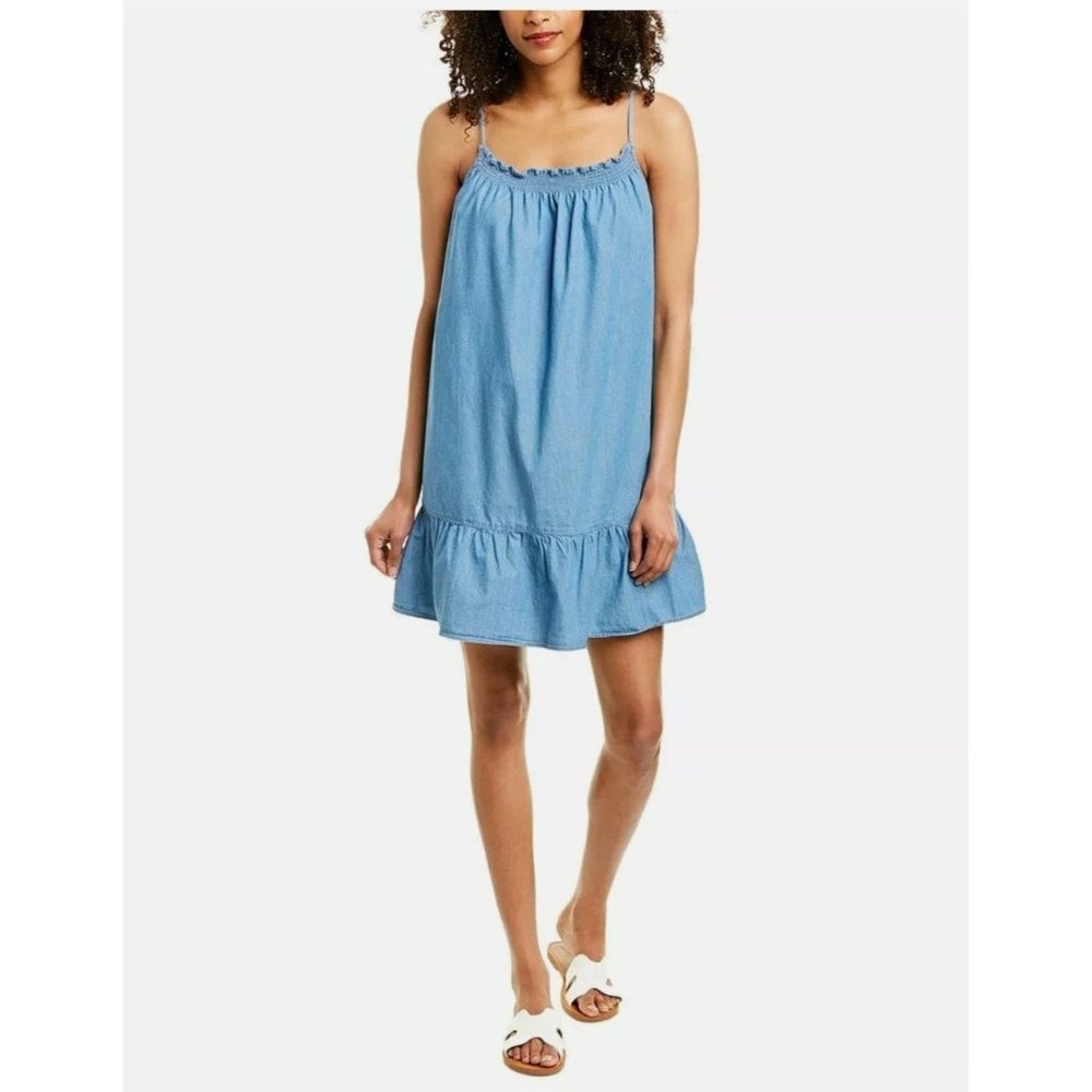 Joie Kunala Marine Chambray Pleated Ruching Spaghetti Strappy Ruffle Dress L